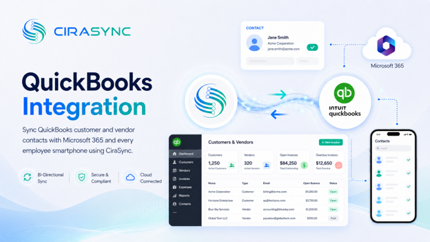QuickBooks customer and vendor contacts syncing to Microsoft 365 and employee smartphones via CiraSync